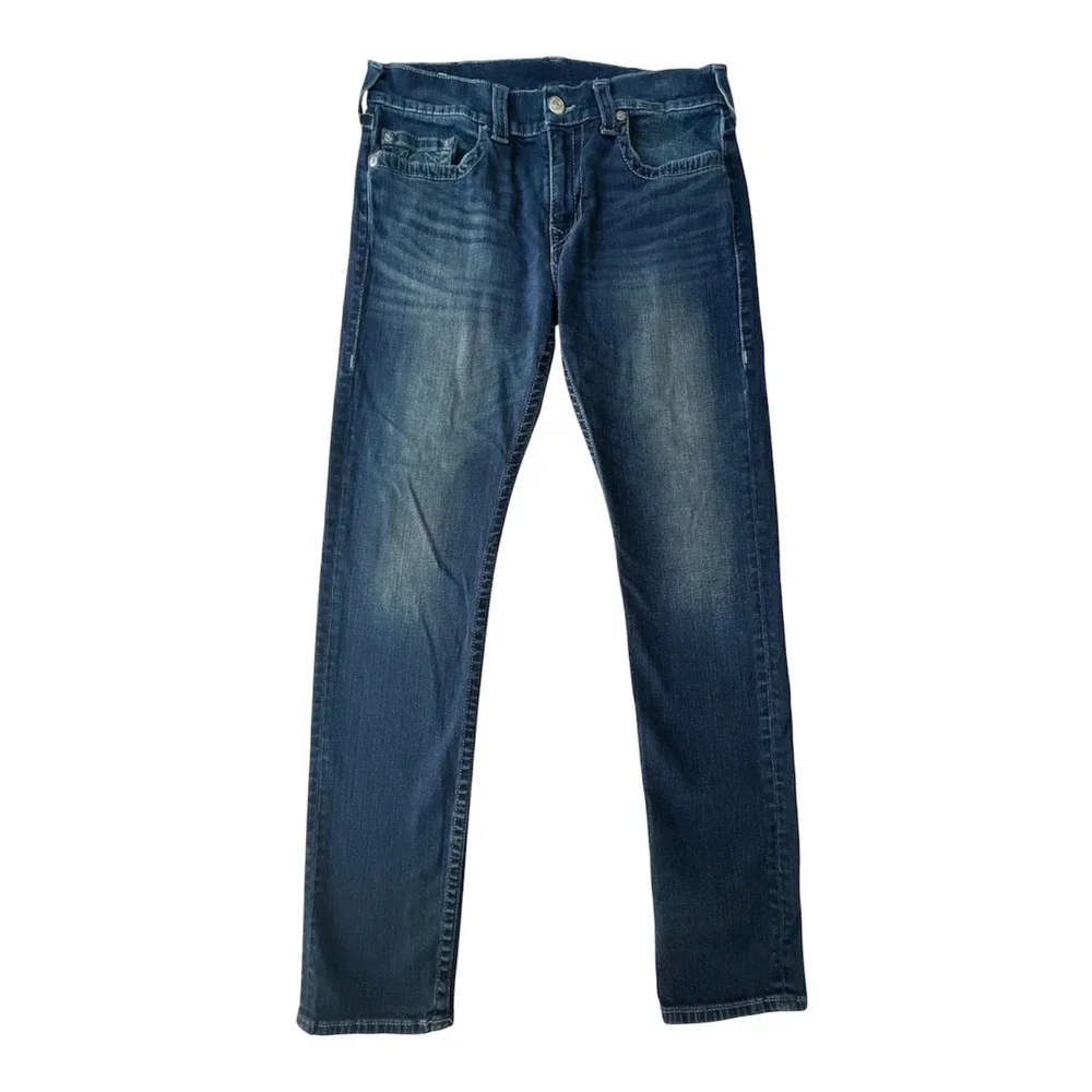 True Religion Jeans 34 Rocco Mens Relaxed Skinny Dark Distressed Stretch Denim